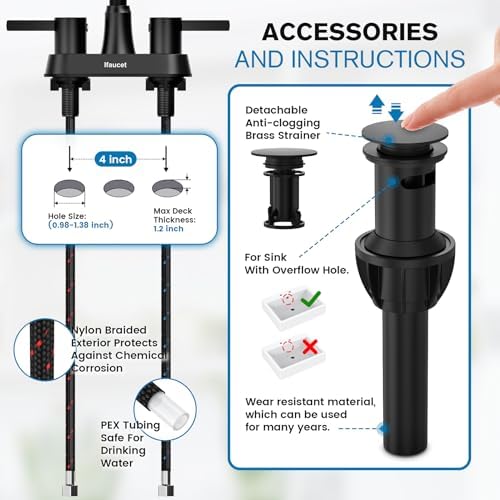 Black Bathroom Faucet 3 Hole, Bathroom Faucets for Sink 3 Hole, Bathroom Sink Faucet, 4 Inch 2 Handle Centerset, Lead-Free, with Copper Pop Up Drain (Matte Black)