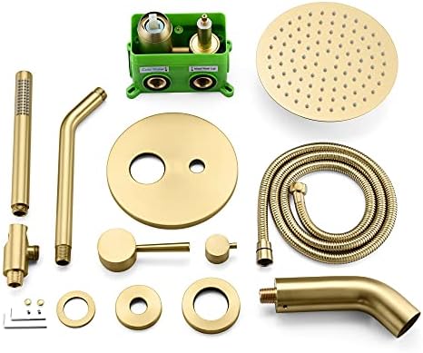 SUMERAIN Shower System with Tub Spout and Handheld Shower, Brass Rain Shower Tub Set with 8 Inches Shower Head and Rough in Valve Brushed Gold