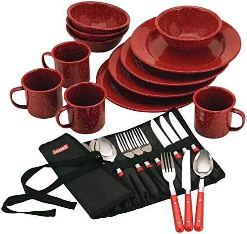 Coleman 24-Piece Enamel Dinnerware Set for Outdoor Dining, Dishwasher Safe, Full Dinnerware & Flatware Set for 4 People