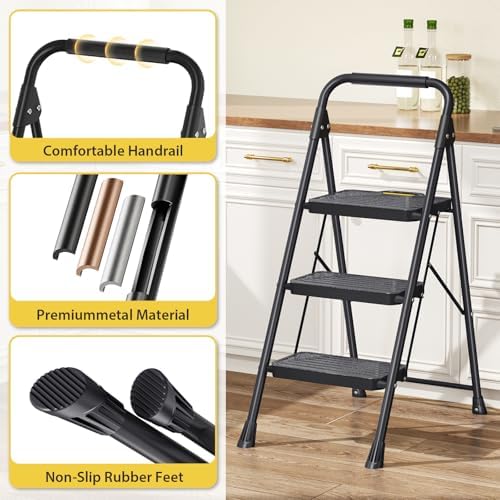 KINGRACK 3 Step Ladder, Sturdy Steel Step Stool with Anti-Slip Wide Pedals, Handrail, Safe-Lock Design, Pass 800lbs Load Testing, Folding Portable Ladder for Multi-Purpose, Home, Kitchen, Black