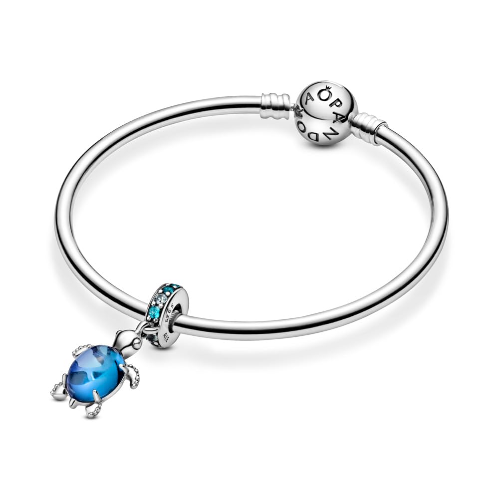 PANDORA Murano Glass Blue Sea Turtle Dangle Charm - Compatible Moments Bracelets - Jewelry for Women - Gift for Women - Made with Sterling Silver & Man-Made Crystal