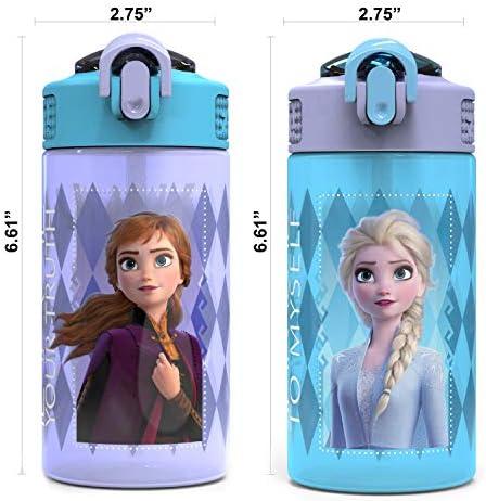 Zak Designs Disney Frozen 2 Kids Water Bottle Set with Reusable Straws and Built in Carrying Loops, Made of Plastic, Leak-Proof Designs 16 oz, BPA-Free, 2pc Set, Elsa & Anna (Frozen 2)