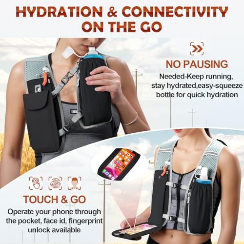 RAINSMORE Running Hydration Vest with 500ml Soft Flask, Waterproof Phone Pocket, Lightweight Hydration Pack, Adjustable No-Bounce Straps for Trail Running, Marathon, Cycling