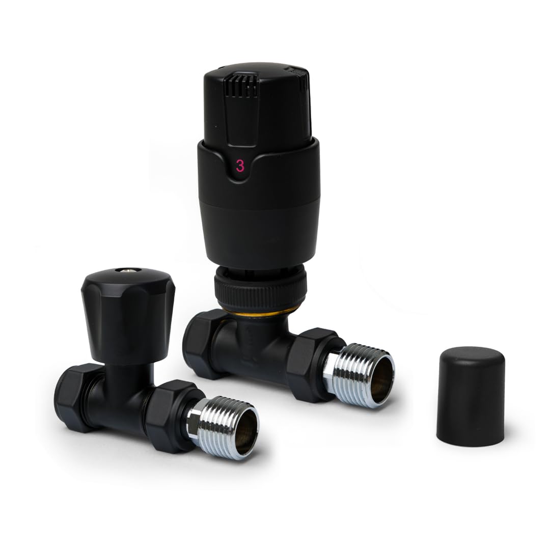 Black Straight Thermostatic Radiator Valves TRV Modern Radiator Valves 15mm x 1/2" (Set of 2) for Heated Towel Rails & Central Heating Radiators Radiator Valve Set