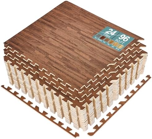 Sorbus 48Sq. Ft. Wood Grain Floor Tiles Foam Mat EVA Interlocking Mats Tile 3/8-Inch Thick Flooring Wood Puzzle Exercise Mats w/Borders - Home Playroom Basement, Apartment, Trade Show, Baby, Dance
