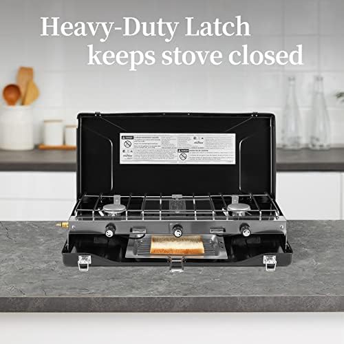 Camping Stove, 3 Burners Propane Portable Camp Stove with Regulator, Push-Button Instant Ignition, Adjustable Burners & Wind Guards for Car BBQ Picnics Outdoor Cooking (BLACK-20400 BTUs)