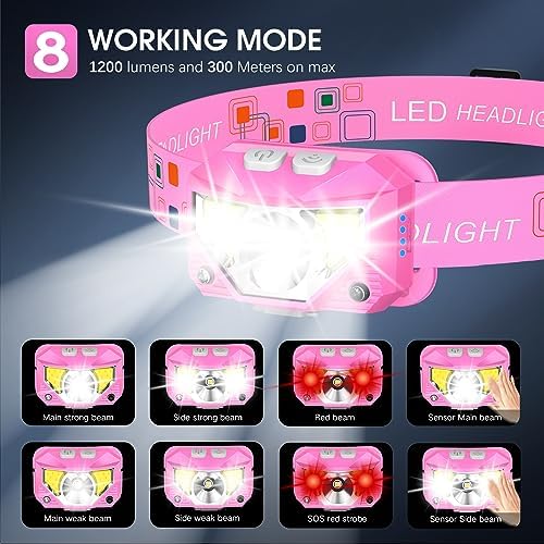 LHKNL Headlamp Flashlight, 1200 High Lumen Bright LED Rechargeable Headlight with White Red Light, 2-Pack Waterproof Motion Sensor Head Lamp, 8 Mode for Camping Running Hiking Fishing Gear- Pink