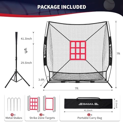 BAGAIL 7x7 ft Baseball & Softball Practice Net with Bow Frame for Batting, Hitting, Pitching, Portable Baseball Throwing Net with 2 Strike Zone Batting Tee, Carry Bag, Great for All Levels
