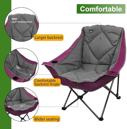 Oversized Foldable Camping Chair, Outdoor Padded Lawn Chair w/Cup Holder,Carry Bag for Beach, Hiking, and Picnics,Heavy-Duty 300-lbs Capacity, Purple