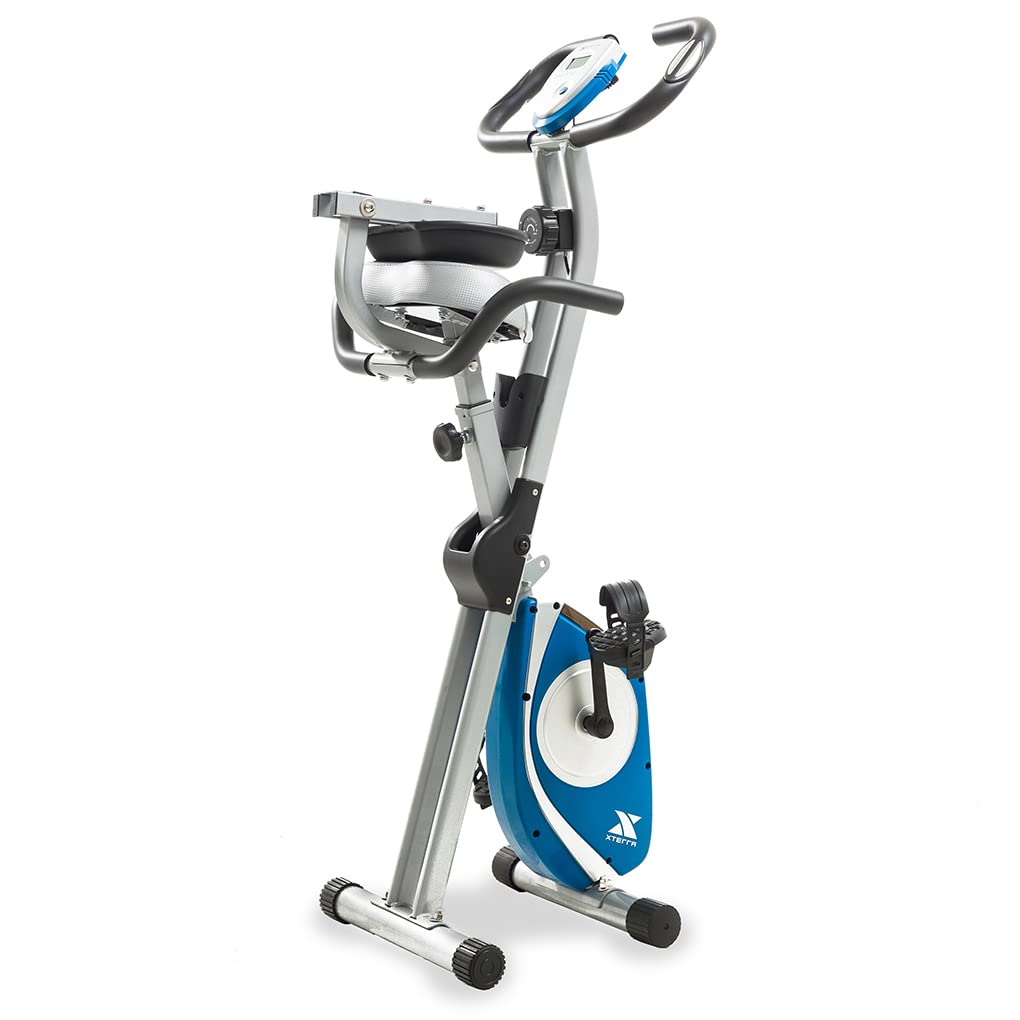 XTERRA Fitness Folding Exercise Bike, 225 LB Weight Capacity, Cordless, Battery Powered with Solid X-Frame Folding Design, Padded Seat and Handlebars, Adjustable Foot Straps, 8 Levels of Resistance