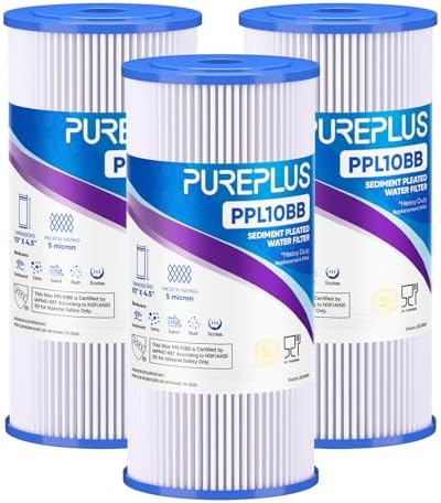 PUREPLUS 10" x 4.5" Whole House Pleated Sediment Filter for Well Water, Replacement Cartridge for GE FXHSC, Culligan R50-BBSA, Pentek R50-BB, DuPont WFHDC3001, American Plumber W50PEHD, GXWH40L, 3Pack
