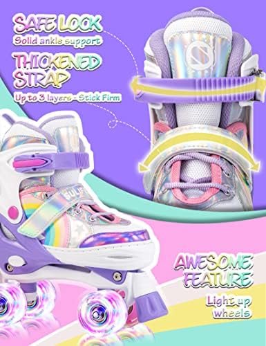 SULIFEEL Rainbow Unicorn 4 Size Adjustable Light up Roller Skates for Girls Boys for Kids