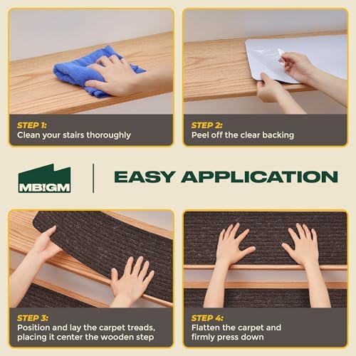 MBIGM 8" X 30" (15 in Pack) Nonslip Carpet Stair Treads Non-Skid Safety Rug Slip Resistant Indoor Runner for Kids Elders & Pets with Reusable Adhesive - Brown - Non Slip Stair Treads Indoor