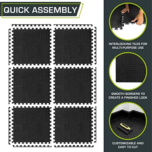 ProsourceFit Puzzle Exercise Mat ½ in, EVA Interlocking Foam Floor Tiles for Home Gym, Mat for Home Workout Equipment, Floor Padding for Kids, Black, 24 in x 24 in x ½ in, 48 Sq Ft - 12 Tiles