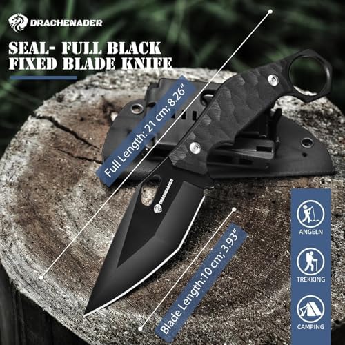 Survival Knife SEAL-FULL BLACK 9" EDC Fixed Blade Tactical Horizontal Carry Knife for Men with Kydex Sheath, 5mm Thick Stainless Steel, G10 Anti-Slip Handle, Ideal for Gifting, Full Black