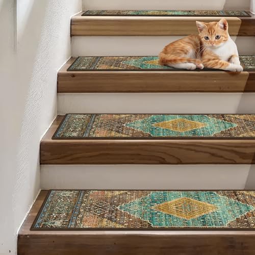 Carpet Stair Treads Non Slip 15PCS, 8" X 30" Edging Stair Runner for Wooden Steps Indoor, Resistant Stair Rug with Reusable TPE Adhesive Backing, Residue Free Mat for Elders, Pets, Amber&Cyan