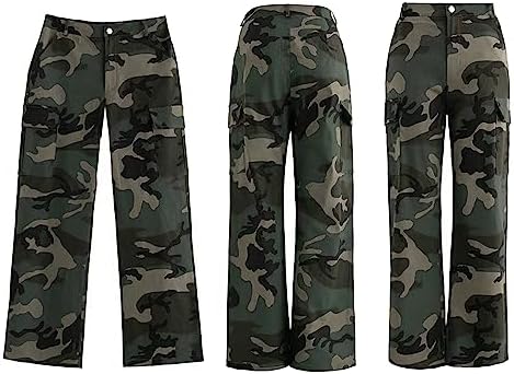 Womens Camo Cargo High Waist Pants Camouflage Military Elastic Trousers with Pockets