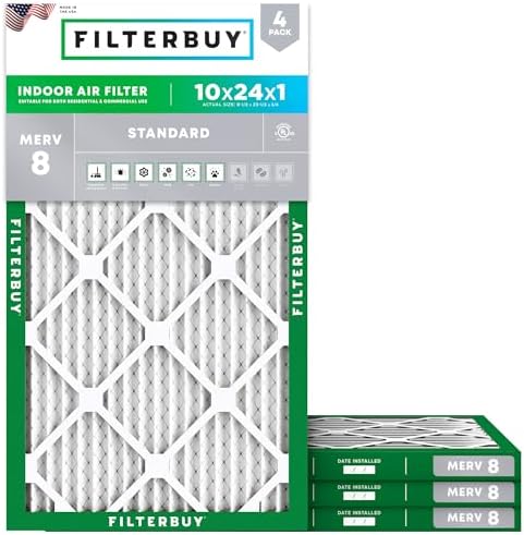Filterbuy 10x24x1 Air Filter MERV 8 Dust Defense (4-Pack), Pleated HVAC AC Furnace Air Filters Replacement (Actual Size: 9.50 x 23.50 x 0.75 Inches)