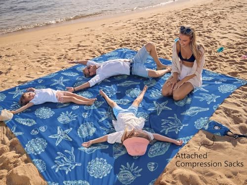 WEKAPO Beach Blanket Waterproof Sandproof Oversized, Extra Large Beach Mat Sand Free, Lightweight & Compact Sand Free Mat with 6 Stakes & 4 Corner Pockets