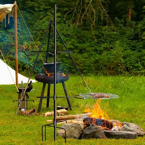 CANDANA Campfire Grill Grate with Keetle Hook Camp Fire Pit Cooking Equipment 360° Rotatable Swivel for Outdoor Camping BBQ Heavy Duty Fireplace Firepit Grilling Parts