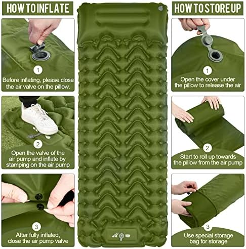 Sleeping Pad, Ultralight Inflatable Sleeping Pad for Camping, Built-in Pump, Ultimate for Camping, Hiking, Airpad, Carry Bag, Repair Kit, Compact & Lightweight Air Mattress(Green)