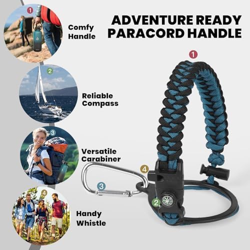 Insulated Water Bottle 87 oz, Triple Wall Vacuum Stainless Steel (Cold for 48 Hrs), Leak Proof & Non-BPA, Modern Water Flask Jug with Paracord Handle & Straw Spout Lids, Indigo/Black