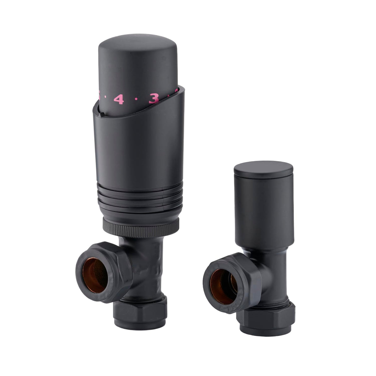 Sandy Beach Radiator Valves Thermostatic Angled Straight with Lockshield - Black 15mm