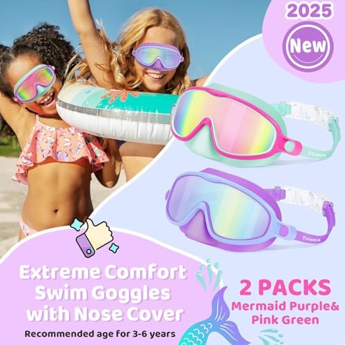 Vvinca 2 Pcs Kids-Swim-Goggles with Nose Cover, Swimming Diving Mask Wide View Anti Fog UV Anti Shattered Lens for Kids 3-6