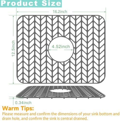 AWOKE Sink Protectors for Kitchen Sink | 16.2"x 12.5" Kitchen Sink Mats for Bottom of Kitchen Sink | Sink Inserts for Kitchen Sink of Stainless Steel Sink | Center Drain (Grey)
