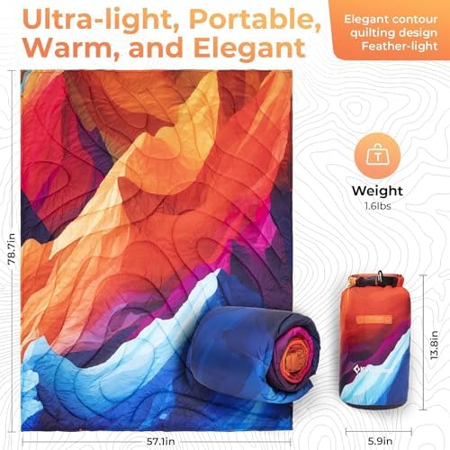 KingCamp Ultralight Camping Blanket, Packable Down Alternative Puffy Printed Wearable Blanket with Snap Buttons & Corner Loops Weatherproof Quilt for Outdoor Travel Stadium (79"L x 57"W, PEAK)