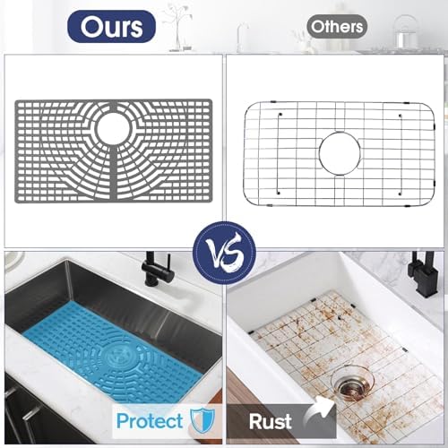 Silicone Sink Protector 28"x15" Rear Drain Hole, Heat Resistant Non-slip Dishwasher Suitable, Large Mat for Bottom of Farmhouse Kitchen Stainless Steel Sink(Grey)