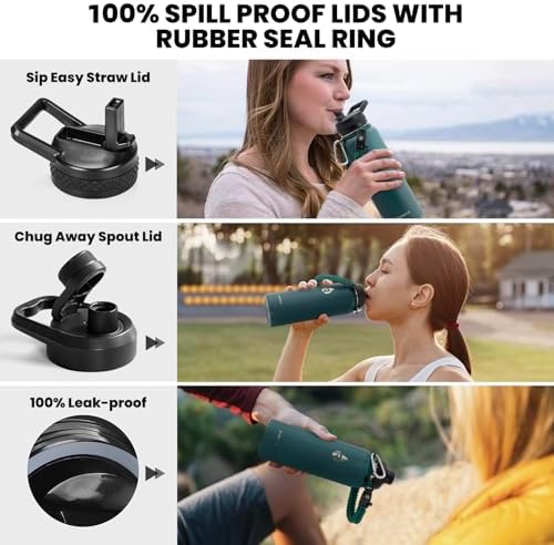 Insulated Water Bottle 40 oz, Triple Wall Vacuum Stainless Steel (Cold for 48 Hrs), Leak Proof & Non-BPA, Modern Water Flask Jug with Paracord Handle & Straw Spout Lids, Dark Green