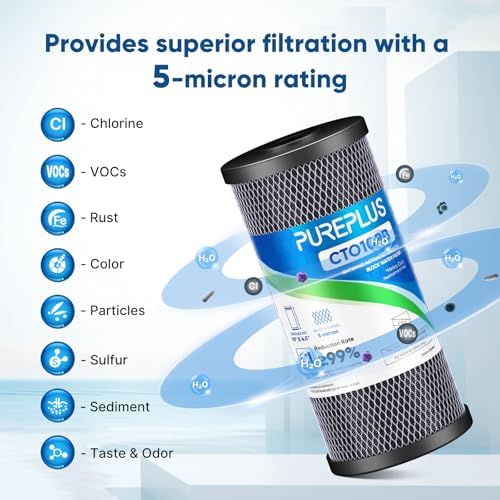PUREPLUS 5 Micron 10" x 4.5" Whole House CTO Coconut Shell Activated Carbon Water Filter Replacement Cartridge for Dupont WFHDC8001, CB-BB-10, GE FXHTC, GXWH40L, GXWH35F, GNWH38S, CTO10BB, 2PACK