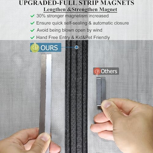Magnetic Screen Door Upgraded-Model Full Strip Magnets,Fiberglass Heavy Duty Mesh,Retractable Door Screen Magnetic Closure for Single Front Sliding Door