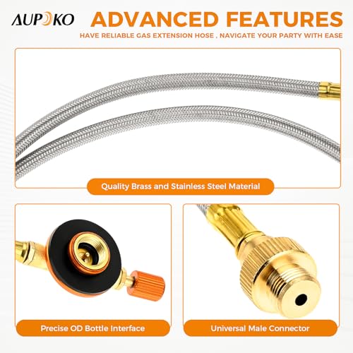 Aupoko Camping Gas Stove Extension Hose 1m, Camping Fuel Canister Valve Tube Pipe Hiking Stove Butane Gas Adapter Convert Connector (1 Meter Flat Gas Tank Extension Tube)
