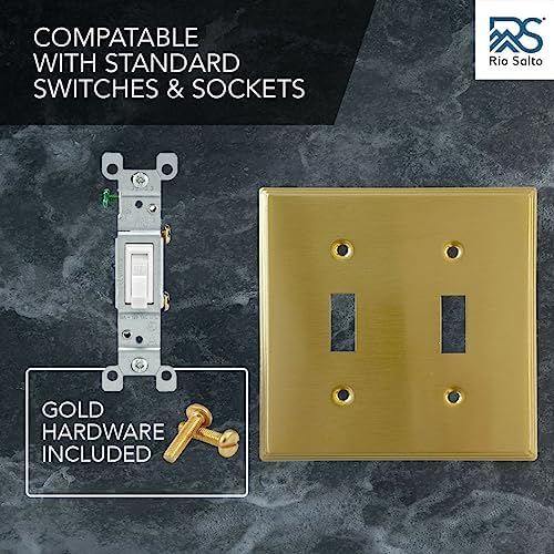 Rio Salto BRASS Modern Metal Gold Outlet Cover or Light Switch Cover Wall Plate Toggle Switch 2-Gang Double Toggle Light Switch Covers Wall Plate Wallplate Decorative Gold 2 Gang STANDARD SIZE