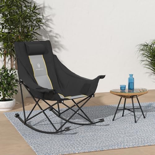 Dowinx Oversized Rocking Camping Chair, Fully Padded Patio Chair with Side Pocket and Carry Bag, High Back Portable Lawn Recliner with Headrest, Support 300 lbs, Black