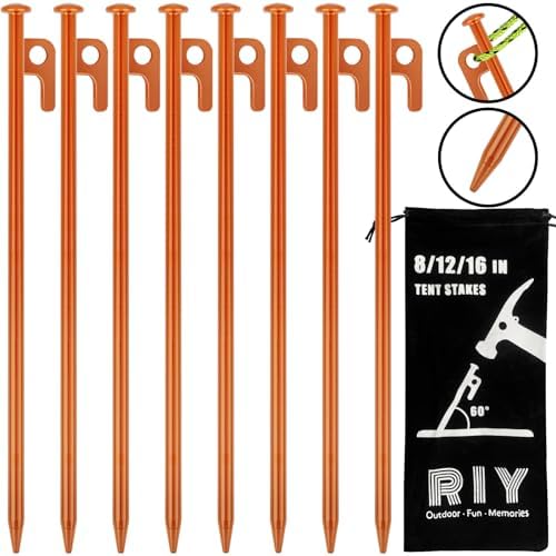 8 Pack Tent Stakes Heavy Duty 12 inch Steel Tent Pegs for Camping Unbreakable and Inflexible