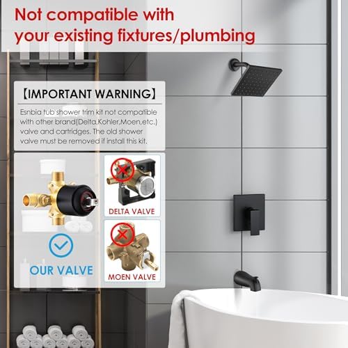 Esnbia Tub Shower Faucet Set (Valve Included) with 6-Inch Rain Shower Head and Tub Spout, Black Shower Head and Handle Set,Single-Handle Tub and Shower Trim Kit, Matte Black