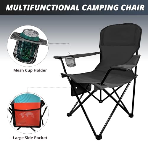 Folding Outdoor Beach Camp Chair with Cup Holder, Storage Pocket, Waterproof Bag Outdoor Arm Chair, Supports 225LBS, Black