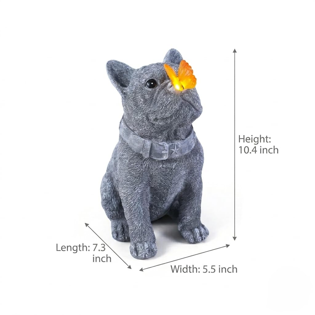 Scoomor Solar French Bulldog Garden Statue with Butterfly, Outdoor Frenchie Sculpture Decor for Patio, Yard & Lawn, Unique French Bulldog Gifts & Dog Memorial Statue,10 Inch, Resin (Grey Stone)