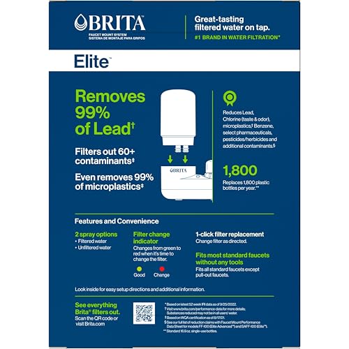 Brita Faucet Mount Water Filter for Sink, Removes 99% of Lead, Elite Filtration System, Includes 1 Replacement Filter, Chrome
