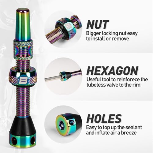 BWSHLF Tubeless Presta Valve Stem 40/44/55/60/65/80/100 mm, Super Light Alloy Presta Valve Stem Kit with Valve Core Remover Tool and Valve Stem Caps - Multiple Color and Size Options(Pair)