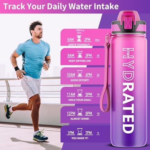 Water Bottle with Straw, 32oz Motivational Water Bottles with Time Marker to Drink, Tritan BPA Free, 1L Sports Water Bottle with Carry Strap LeakProof for Women Gym Fitness Outdoor (1 Pack)