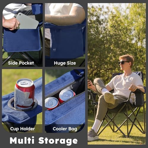 Oversized Folding Camping Chairs - 450 LBS Support Heavy Duty Camp Chair with Padded Cushion, Portable Outside Chairs with Carry Bag,Cooler, Cup Holder for Outdoor, Lawn, Sports - Blue