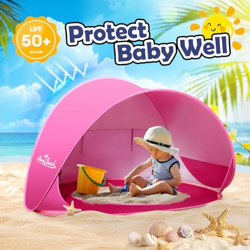 Monobeach Baby Beach Tent Pop Up Portable Shade Pool UPF50+ UV Protection Sun Shelter for Infant with Easy Set Up Canopy (Pink Beach Tent)