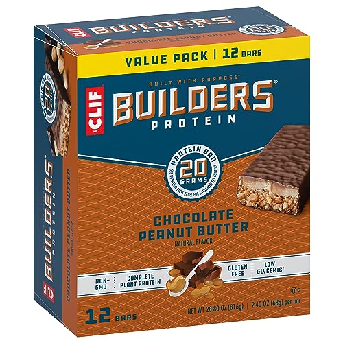 CLIF BUILDERS Protein Bars - Chocolate Peanut Butter Flavor - 20g Plant Based Protein - Gluten Free - Non-GMO - Low Glycemic - No Artificial Sweeteners - Value Pack, 2.4 oz. (12 Count)