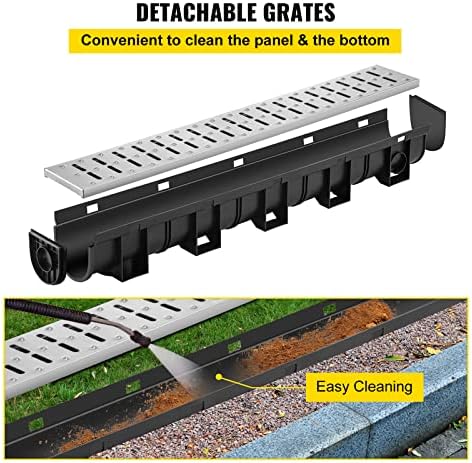 VEVOR Trench Drain System, Channel Drain with Metal Grate, 5.9x5.1-Inch HDPE Drainage for Garage Floors, Black Plastic Trench with End Caps, 3x39 Grate - 3 Pack