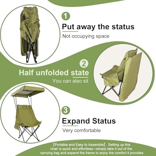 YOUNG WOOD Portable Camping Chair Beach Chair with Shade Canopy, Fold Lightweight Oversized for All, Easy to Open and Close Without Installation, Side Pocket Design for All Outdoor Activities, Green