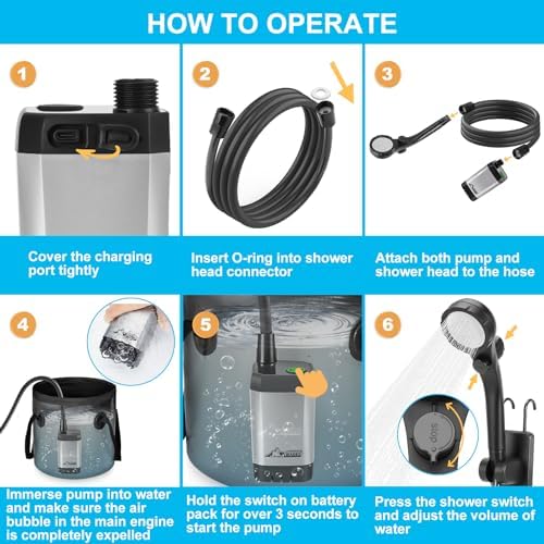 WADEO Portable Shower for Camping, 6000mAh Outdoor Electric Shower Rechargeable Pump with Intelligent Digital Display, Camping Shower Head Nozzle for Camping, Hiking, Traveling, Washing